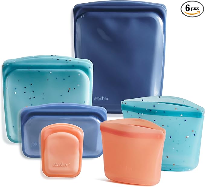 Stasher Silicone Reusable Food Storage Bags, 6-Pack, Reusable Freezer Bags, Microwave, Dishwasher, Oven Safe, Sous Vide, Premium Lunch Containers, Eco Friendly, Food-safe Silicone Snack Bag, Tie Dye