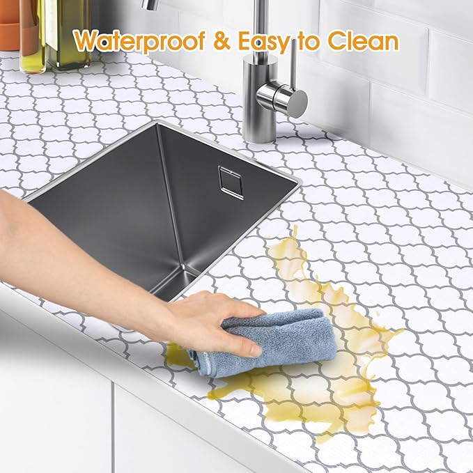Shelf and Drawer Liner for Kitchen Cabinets Non-Adhesive, Strong Grip Non-Slip Thickened Cabinet Liners for Shelves, Waterproof Mats for Dresser Cupboard, White/Gray, 23 in x 10 Feet