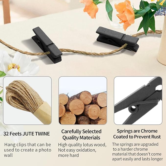 1.35 Inch Mini Clothes Pins for Photo100 Pcs with 32 Feet Jute Twine, Mini Clothes Pins for Crafts, Wooden Small Clothespins for Pictures, Tiny Decorative Clothespins for Baby Shower - Black