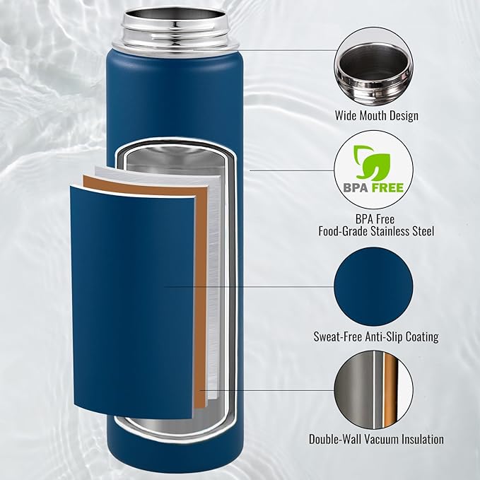 24 oz Insulated Water Bottle with Handle, 306 Stainless Steel Water Bottles with Wide Mouth, Double Wall Vacuum Sports Water Bottle, BPA Free, Keep Cold and Hot, Navy Blue