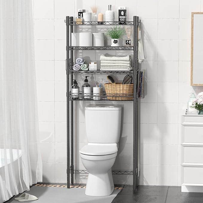 4-Tier Over The Toilet Storage, Adjustable Over Toilet Bathroom Organizer Rack, Freestanding Bathroom Shelves Above Toilet Storage, Sturdy Bathroom Space Saver with Basket and Shelves, Gray