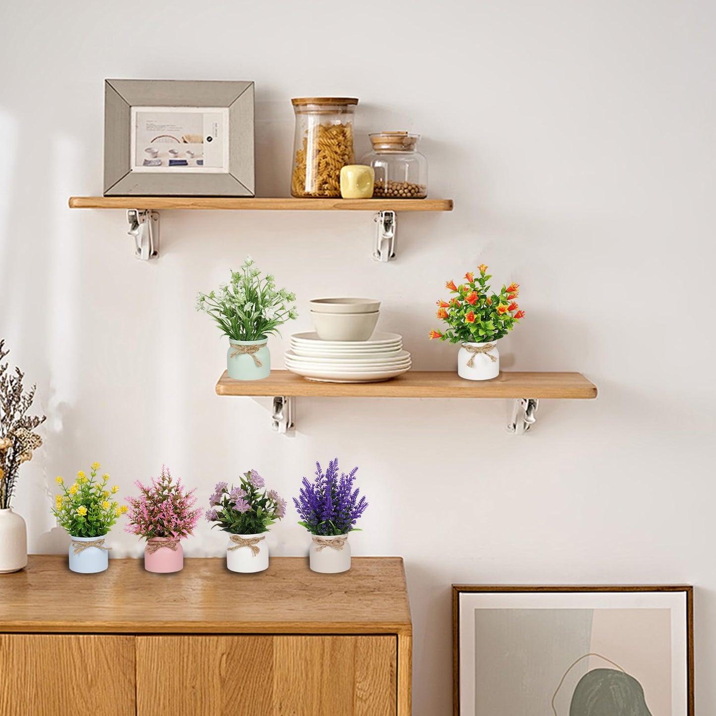 6pcs Artificial Pot Flowers Small Fake Plants with Pot Mini Potted Plants for House Office Tabletop Decoration