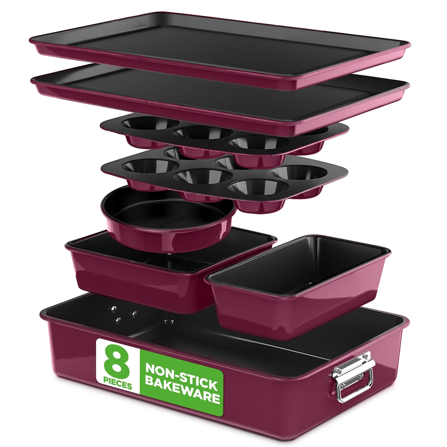 NutriChef 8-Piece Nonstick Stackable Bakeware Set - PFOA, PFOS, PTFE Free Baking Tray Set w/Non-Stick Coating, 450°F Oven Safe, Round Cake, Loaf, Muffin, Wide/Square Pans, Cookie Sheet (Blue)