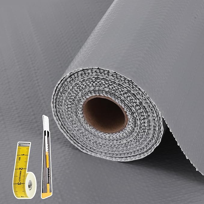 Drawer and Shelf Liner for Kitchen Cabinet: 17 in X 20 Ft Non Slip Waterproof Shelf Paper Non Adhesive Refrigerator Liners Gray Easy Liners for Bathroom Cupboard with Knife Tape Measure