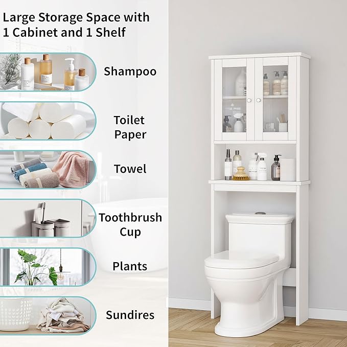 Shintenchi Over The Toilet Storage Cabinet, Bathroom Shelf Organizer with Anti-Tip Device Small Freestanding Space Saver with Adjustable Shelf and Glass Door, White