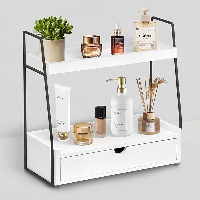 2-Tier Bathroom Organizer Countertop with Drawer, Wood Counter Organizer for Bathroom Decor, Sink Shelf for Vanity Storage, Makeup Tray for Perfume Skincare Bedroom Kitchen Corner