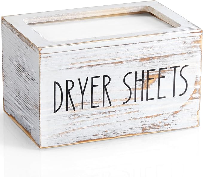 Dryer Sheet Holder, White Washed Wood Laundry Sheets Container, Laundry Room Organization and Storage for Farmhouse Laundry Room Decor and Accessories, Fabric Sheet Dispenser