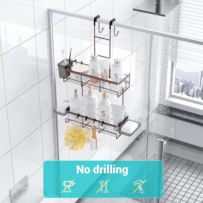 Over the Door Hanging Shower Caddy: Rustproof Hanging Organizer over the Door - No Drilling Bathroom Rack for Inside Shower Bronze
