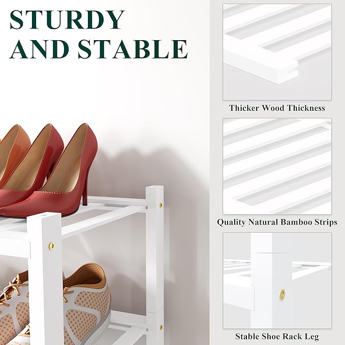 Smiry Shoe Rack, 4 Tier Small Bamboo Shoe Organizer, Stackable Free Standing Wooden Shoe Storage Shelf for Closet, Entryway, Front Door Entrance, White