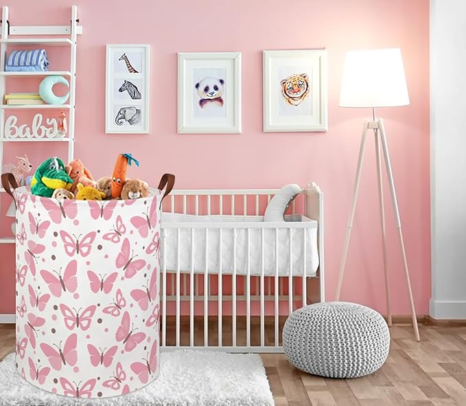 HIYAGON Girls Pink Laundry Baskets Baby Hamper for Nursery Girl Cute Kids Toy Organizer Bins Butterfly Room Decor Bedroom Bathroom(Pink Butterfly)