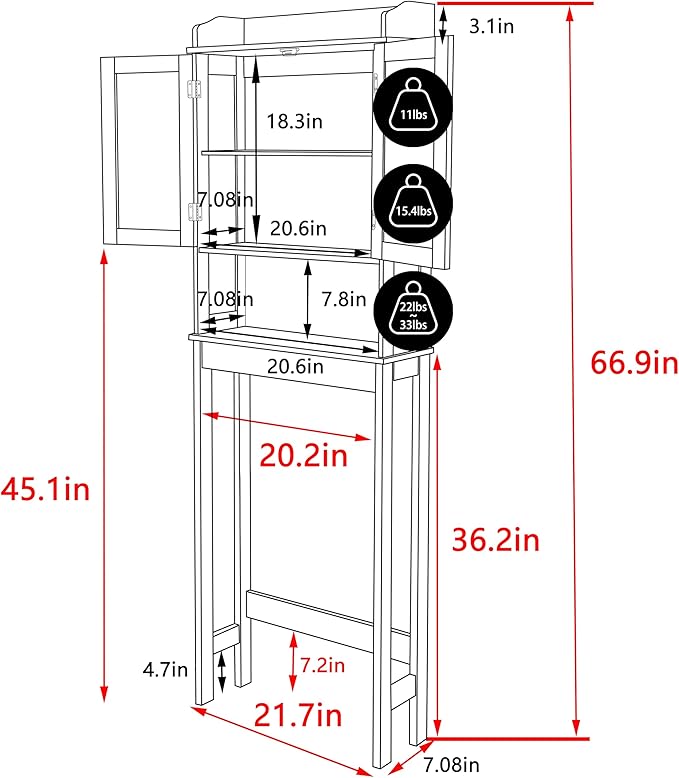 Over-The-Toilet Storage Shelf with Doors, Bathroom Freestanding Space Saver Organizer with Adjustable Shelf, White