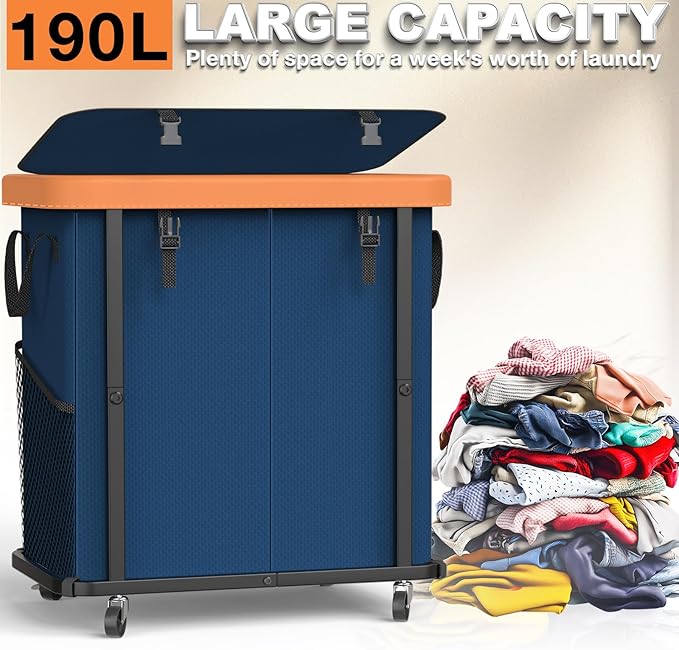 190L (50 Gal) Large Fashion Laundry Basket with Wheels, Leather Patchwork Rolling Hamper Carts, Sturdy Metal Frame, Removable Washable Bag, Tall Clothes Sorter for Bedroom, Laundry Room - Navy Blue