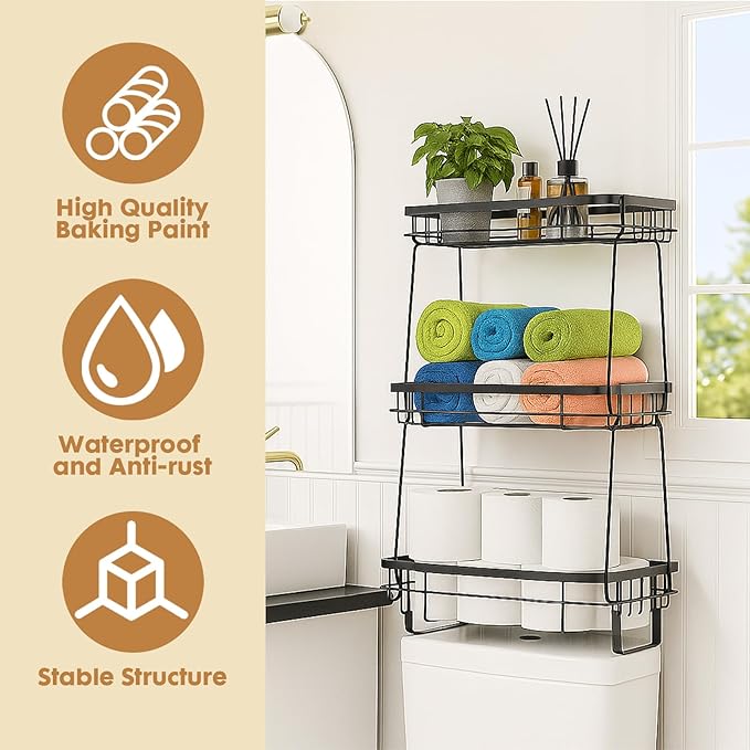 ShellKingdom Over The Toilet Storage Shelf, 3 Tier Toilet Paper Holder Stand Shelves, Punch-Free Bathroom Storage Rack with Hooks, Small Space Organizers for Bathroom, Home, Countertop, Black