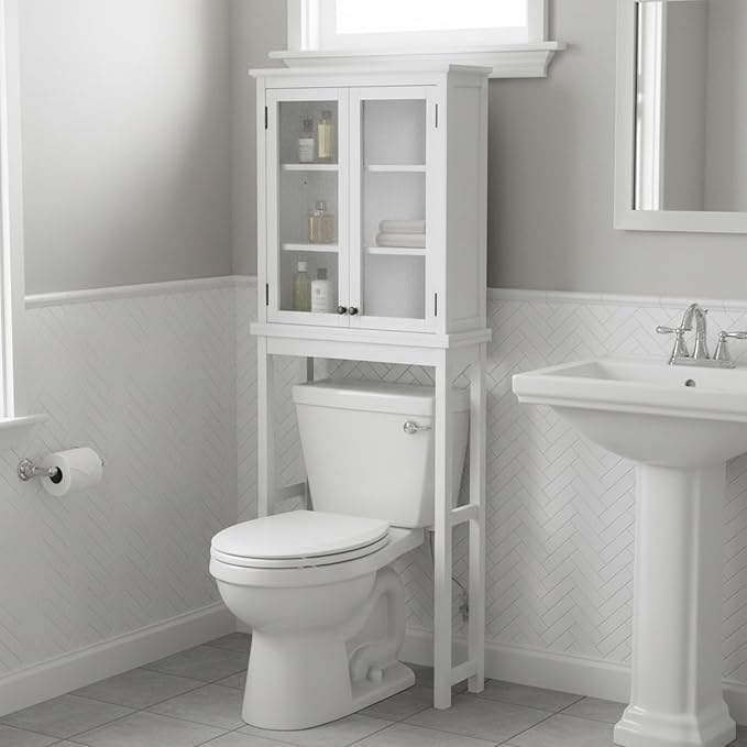 Alaterre Furniture Dorset Over-The-Toilet Storage Cabinet with Tempered Glass Doors – White Wood Bathroom Space Saver Organizer with Adjustable Shelves, Hutch & Wall Mount Hardware
