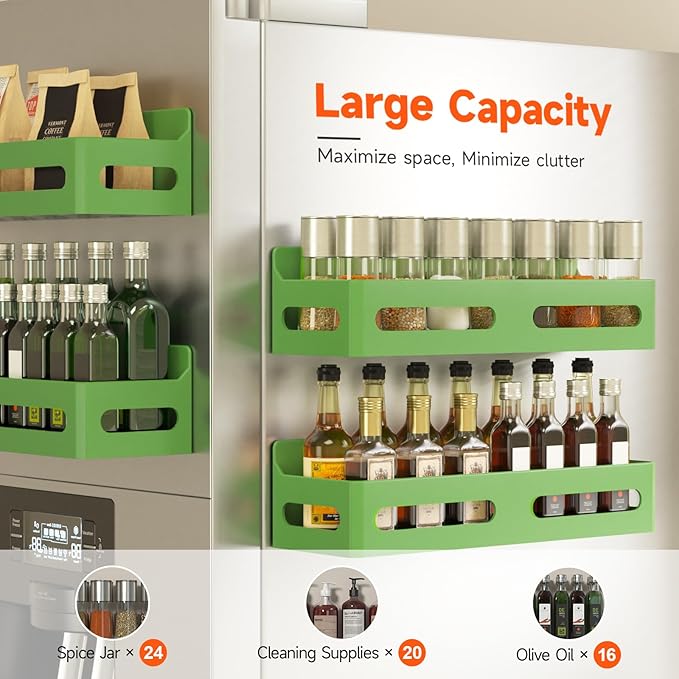 4 Pack Strong Magnetic Spice Rack for Refrigerator, Multipurpose Magnetic Shelf for Fridge with 4 Hooks for kitchen and Bathroom Organization, Green
