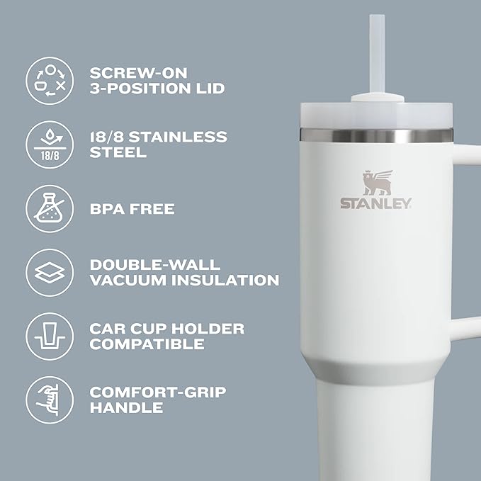 STANLEY Quencher H2.0 Tumbler with Handle and Straw 40 oz | Flowstate 3-Position Lid | Cup Holder Compatible for Travel | Insulated Stainless Steel Cup | BPA-Free | Frost