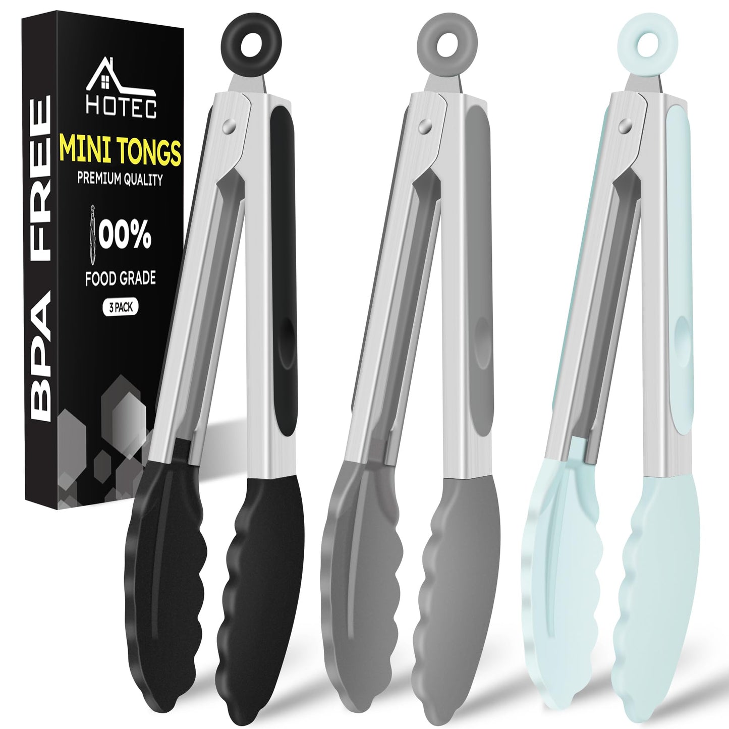 Hotec 7-Inch Mini Silicone Kitchen Tongs, Heat Resistant Non-Stick Small Serving Tongs with Silicone Tips, Food Safe Cooking Tongs Set of 3 (Black, Grey, White)