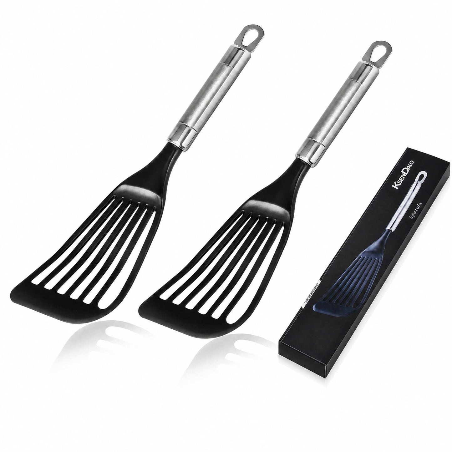 KSENDALO 2 Pack Thin Flexible Fish Spatula for Nonstick Cookware, Black