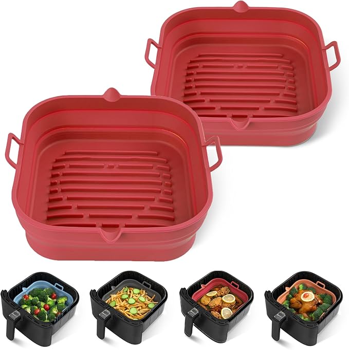 Loveuing Silicone Air Fryer Liners Square - Reusable Airfryer Collapsible Basket - Easy to Clean Air Fryers Pot for 5.8 to 8 Qt Baking Tray Oven Accessories, 8.5 Inch Large