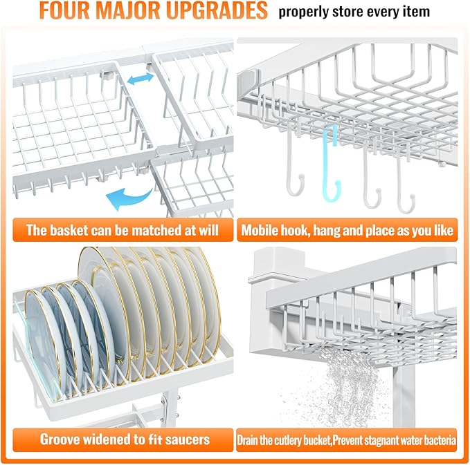 YKLSLH Over Sink Dish Drying Rack, Expandable Large Drying Rack, Suitable for Most Sinks (24.8"-35.4"), Adjustable Metal Rack, Space Saving, White