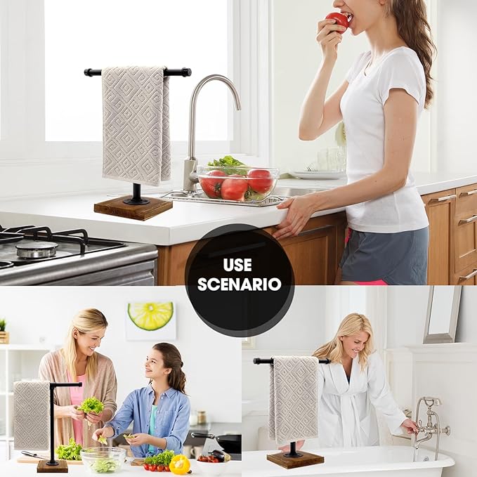 Hand Towel Holder, T-Shape Height 15'' Black Hand Towel Holder Stand, Free Standing Hand Towel Stand for Bathroom Countertop