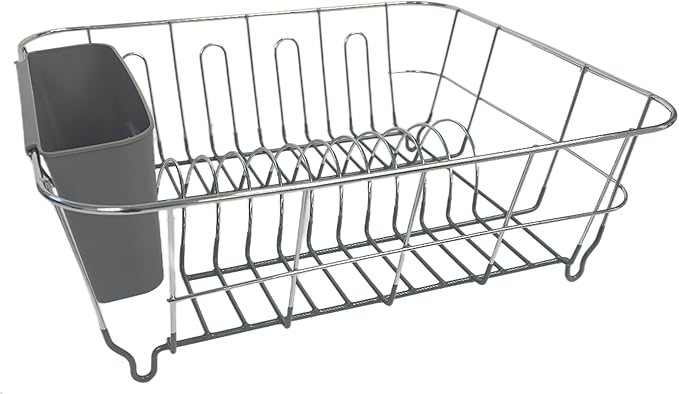 Dish Drying Rack & Cutlery Holder 2 Piece Set - Compact Sink-Fitting Dish Drainer with Rubberized Undercoating, Space-Saving Kitchen Organizer for Plates, Cups, Bowls & Utensils in Sink, Gray