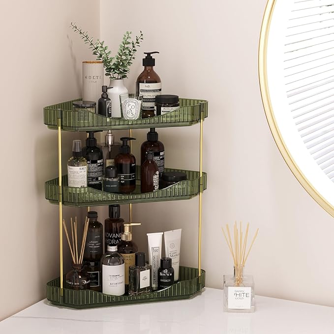 Lifewit 3-Tier Corner Bathroom Counter Organizer, Plastic Makeup Skincare Organizers Storage Countertop, Large Sink Cosmetic Perfume Shelf for Bedroom, Dresser, Kitchen, Vanity, Green, 39 cm/15inch(H)