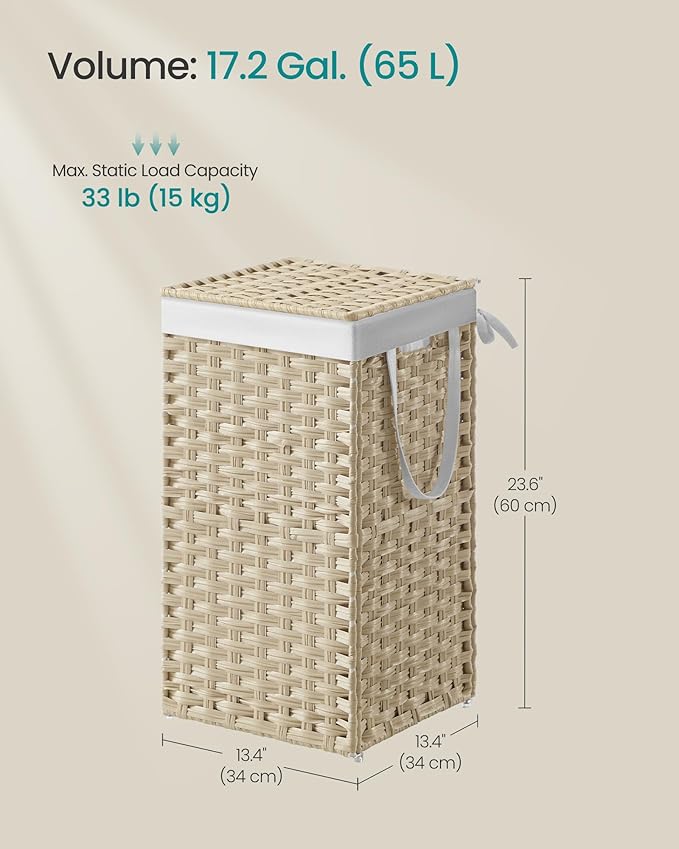 SONGMICS Laundry Hamper with Lid, 17.2 Gallon (65L) Synthetic Rattan Clothes Laundry Basket with Lid and Handles, Foldable, Removable Liner, Summer Sand ULCB165LZ01