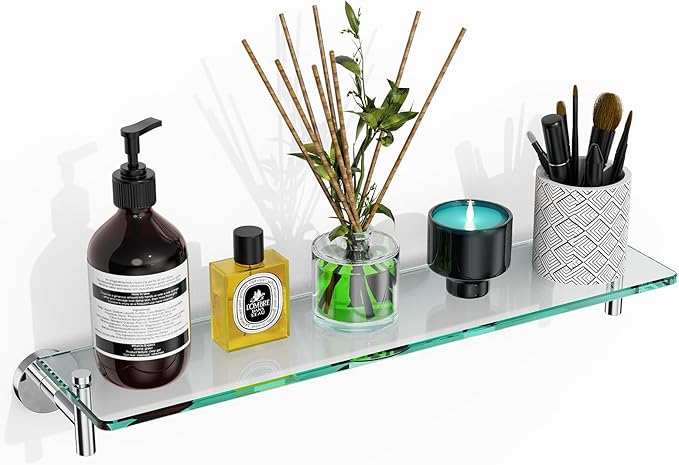 Glass Shelves for Bathroom,20-Inch Chrome Polished Floating Bathroom Shelf Stainless Steel Tempered Glass Shelf Modern Shelves Wall Mounted