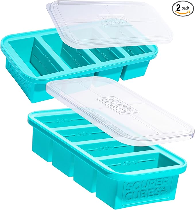 Souper Cubes 1 Cup Silicone Soup Freezer Molds with Lids - Soup Cubes with Steel Reinforced Rim - Perfect for Freezing Broth, Rice, Individual Portions, Meal Prepping and More - Aqua - 2-Pack