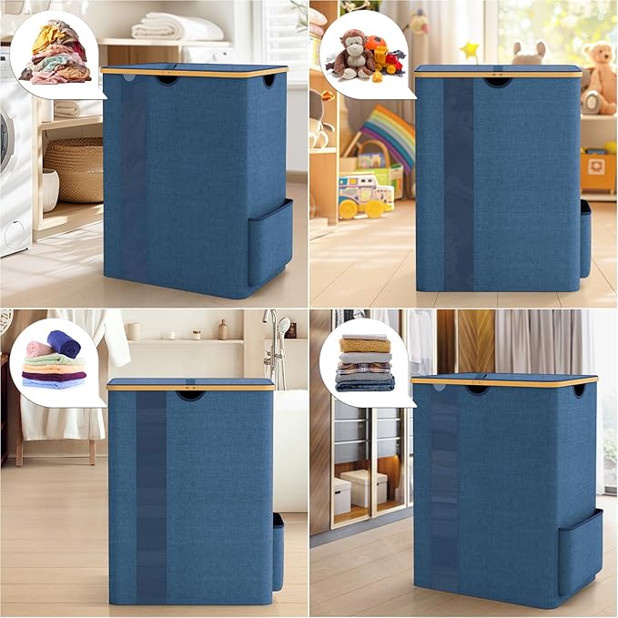 BlissTotes Laundry Basket with Lid, 150L Clothes Laundry Hamper with Handles and 2 Removable Laundry Bag, Breathable Design Hamper with Lid for Bedroom, Bathroom, Dorm, Laundry Room - Light Blue