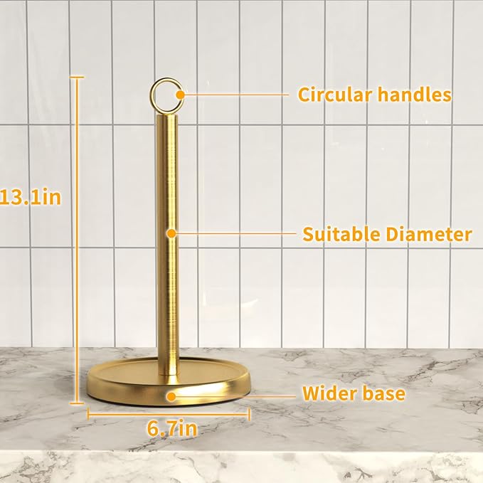 Gold Paper Towel Holder Countertop, Gold Kitchen Accessories Decor, Stainless Steel, Weighted Base, Paper Towel Stand for Bathroom Farmhouse Essentials