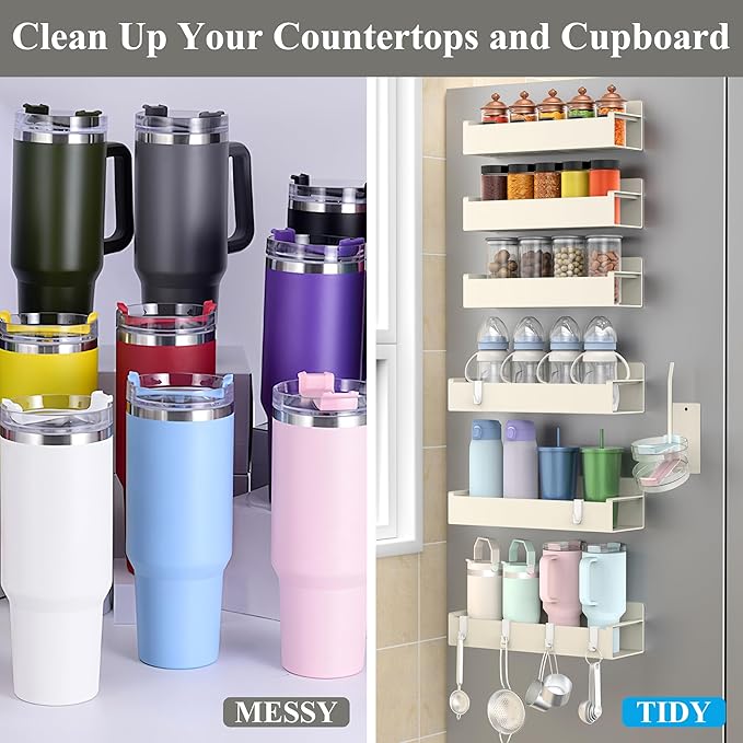 Magnetic Water Bottle Holder for Refrigerator, Cup Holder Organizer for Stanley and Tumbler for Kitchen, 6 Pack, Cream White