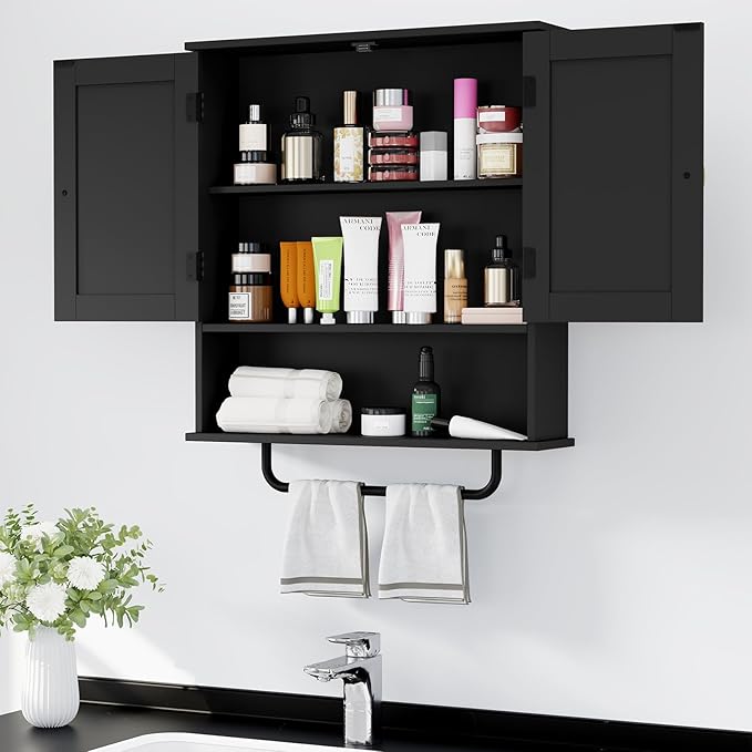 RRX Bathroom Cabinet Wall Mounted Medicine Cabinets with Towels Bar, Over The Toilet Storage Cabinet with 2 Doors and Adjustable Shelf, White Wall Cabinet for Bathroom Laundry Kitchen (Black)
