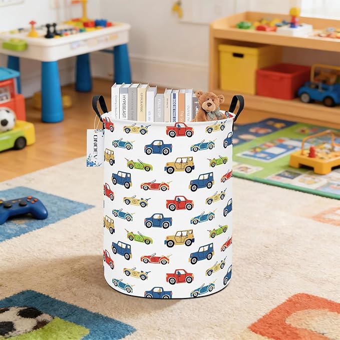 Round Foldable Kids' Racing Cars Laundry Hamper Boys Gift Basket Vehicles Transportation Suitable For Home Decoration and Toy Storage(Car)