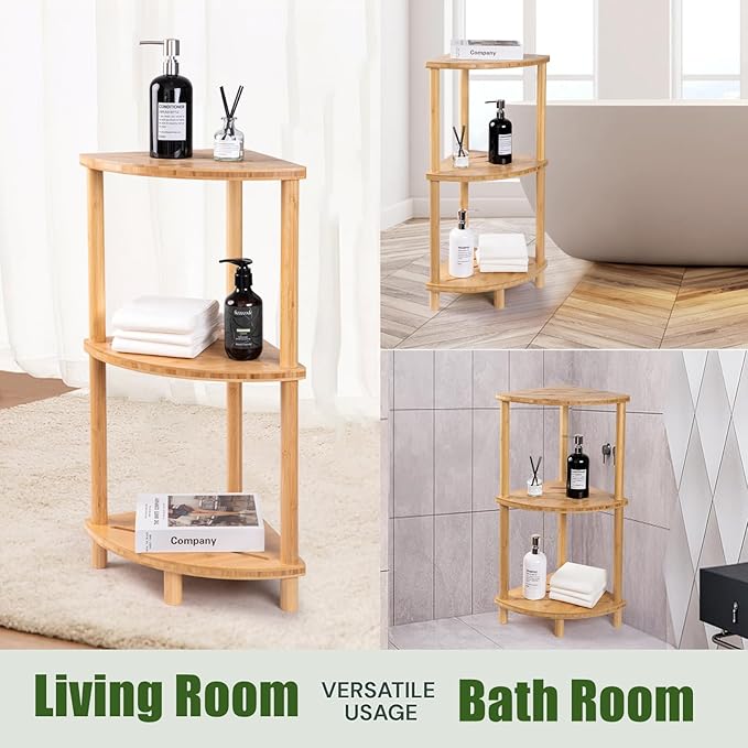 Corner Shower Caddy Stand, Bamboo Shower Organizer Standing with Anti-Slip Feet, Bathroom Corner Shelf,Waterproof & Durable, Space-Saving Design Storage for Kitchen or Living Room