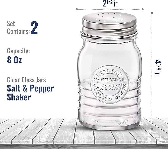 Bormioli Rocco Officina 1825 Salt & Pepper Jars Set of 2-8 Oz. Ribbed Glass Containers with Airtight Metal Lids for Seasoning, Cooking & Dining Table Use - Italian Glass Storage Design