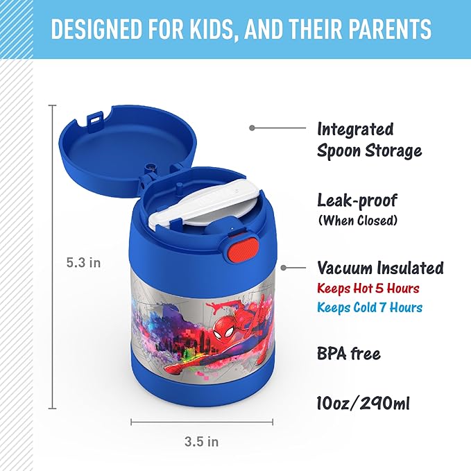 THERMOS FUNTAINER Insulated Food Jar, 10 Ounce, Kid Friendly Food Jar with Foldable Spoon, Spider-Man