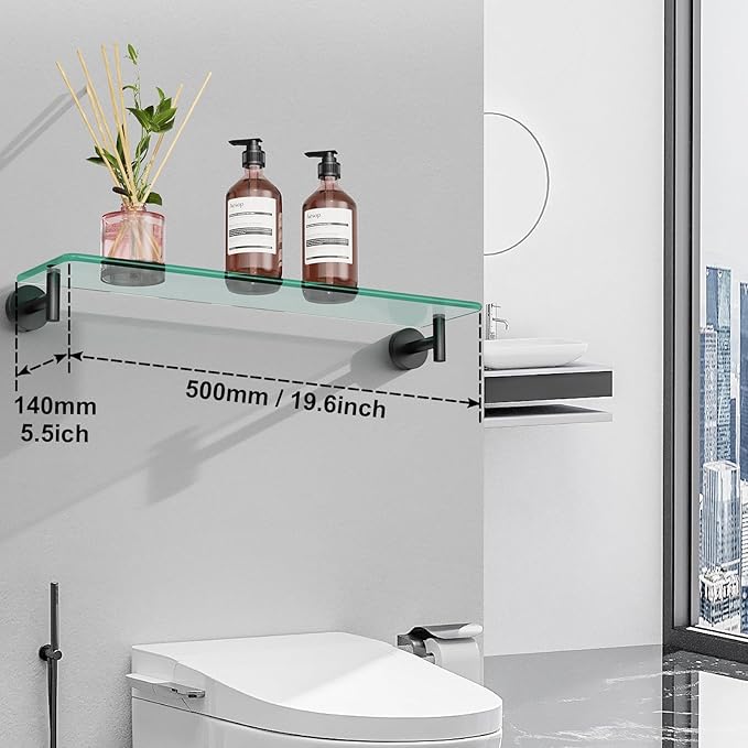 Glass Shelves for Bathroom,20-Inch Matte Black Floating Bathroom Shelf Stainless Steel Tempered Glass Shelf Modern Shelves Wall Mounted