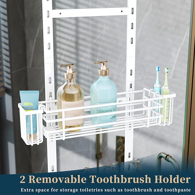 Consumest Over The Door Shower Caddy - 5 Tier Adjustable Shower Organizer Hanging with 2 Toothbrush Holders & 4 Hooks, Rustproof Organizer Shelf, Storage Rack for Bathroom, White