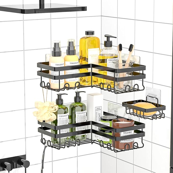 StorageRight 3 Pack Black Corner Shower Caddy with Soap Holder, 2 Large + 1 Soap Holder Style, No Drilling Wall Mount Iron Shower Organizer Shelf with Hooks