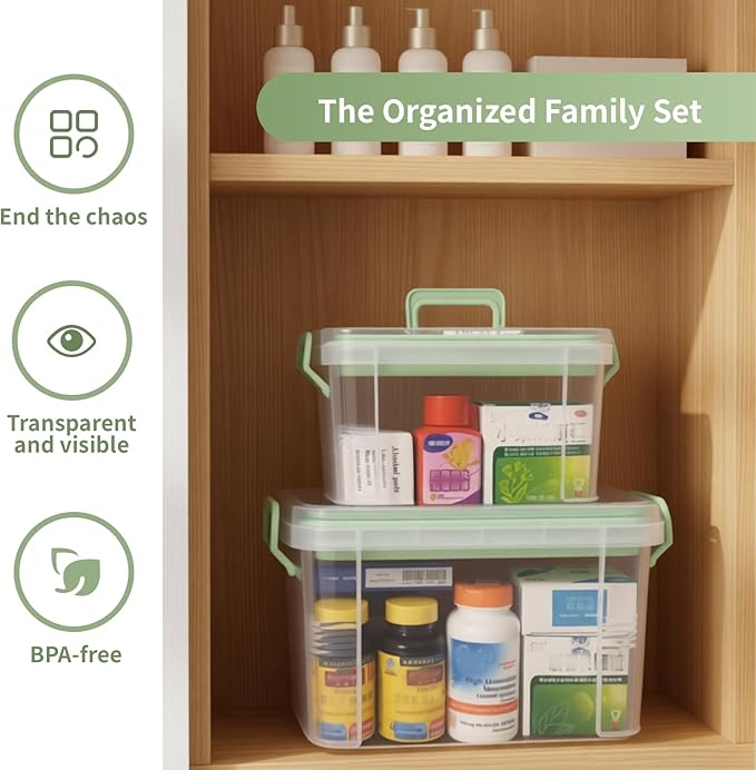 2 Pack Clear Medicine Organizer Storage Box with Tray, Portable Medicine Cabinet with Handle, Plastic First Aid box Empty with pill case for home and travel