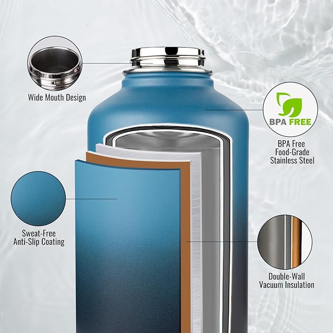 Half Gallon Water Bottle with 2 Lids (Straw & Spout), 304 Stainless Steel Sports Insulated Bottle with Handle, 64 oz Vacuum Double Walled Water Jug with Wide Mouth, BPA Free, Blue&Black