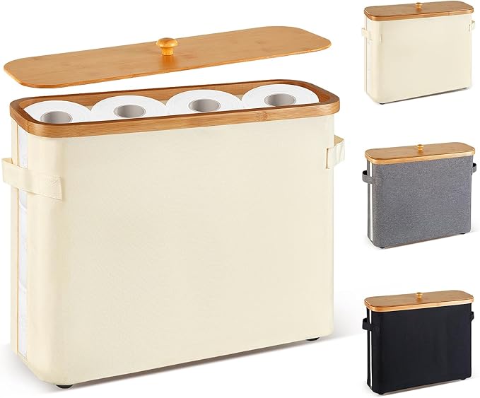 Toilet Paper Storage Basket with Lid and Handle for Bathroom， Bamboo Collapsible Toilet Paper Holder Storage with Non-Slip Bottom ,Extra Toilet Roll Storage, Beige