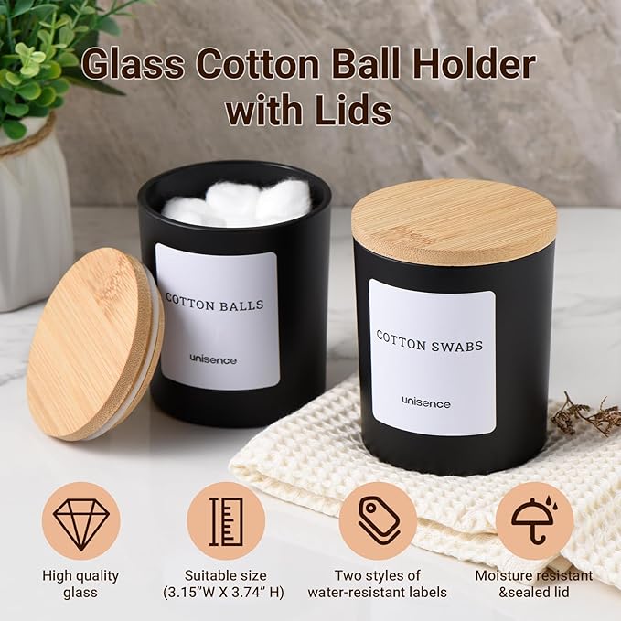 Glass Qtip Holder 2 Pack , Qtip Holder Dispenser Bathroom Set Bathroom Organizers and Storage Q tip Holder with Lid Makeup Storage Organizer for Cotton Swabs,Cotton Balls,Pads,Floss Picks ,Black