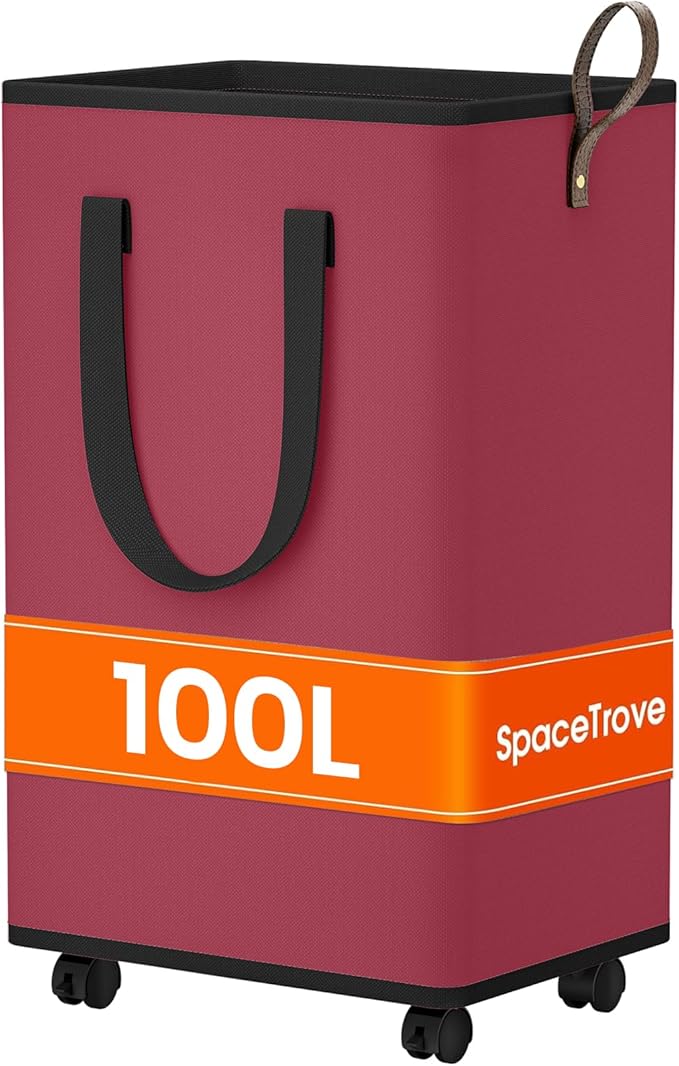 Laundry Basket with Wheels, Collapsible Laundry Baskets, Laundry Hamper with Handles Detachable Wheels, Rolling Laundry Basket, Dirty Clothes Hamper for Bathroom, Dorm, Bedroom, Red, 100L