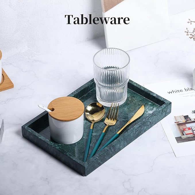Real Natural Marble Tray for Bathroom, Genuine Marble Stone Vanity Tray, Luxury Storage Trays for Kitchen, Vanity, Home Decor, Dresser, Non-Resin/Non-Ceramic, 12"x 8"x 1.2", Dark Green