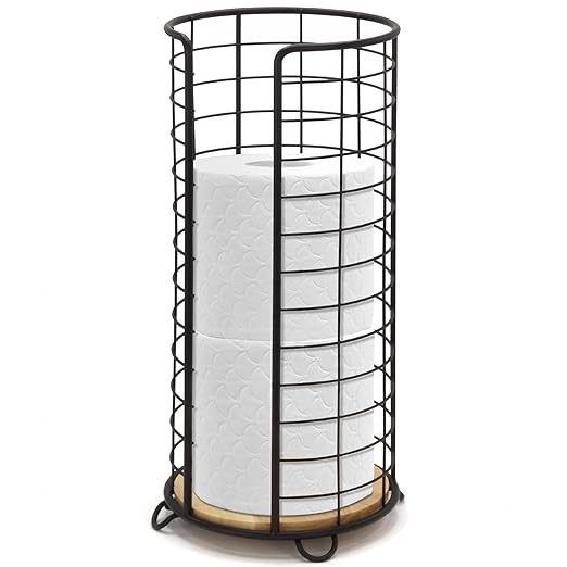 BROOKSTONE, Stylish Toilet Paper Holder with Bamboo Base, Freestanding Bathroom Tissue Organizer, Minimalistic Storage Solution, Modern Trending Design [Holds Large Rolls], Black…