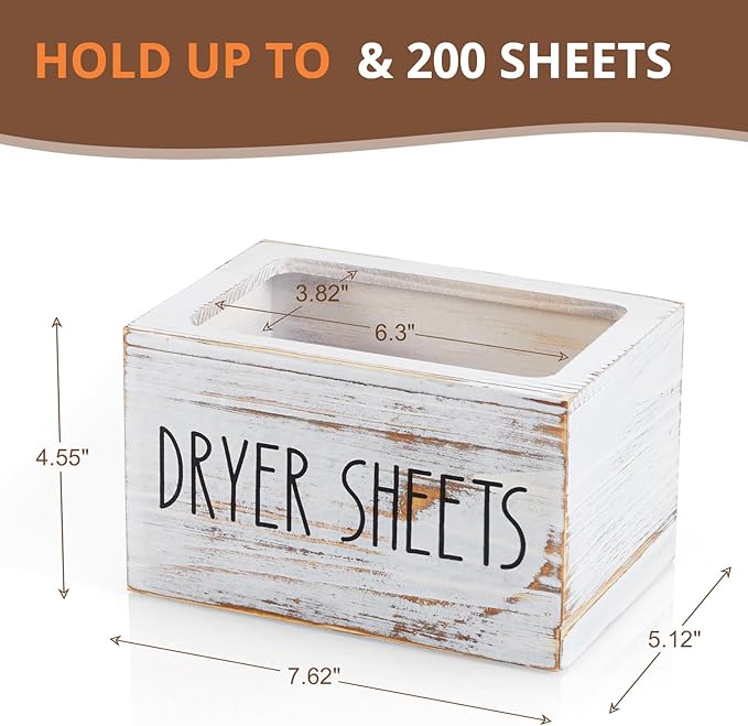 Dryer Sheet Holder, White Washed Wood Laundry Sheets Container, Laundry Room Organization and Storage for Farmhouse Laundry Room Decor and Accessories, Fabric Sheet Dispenser