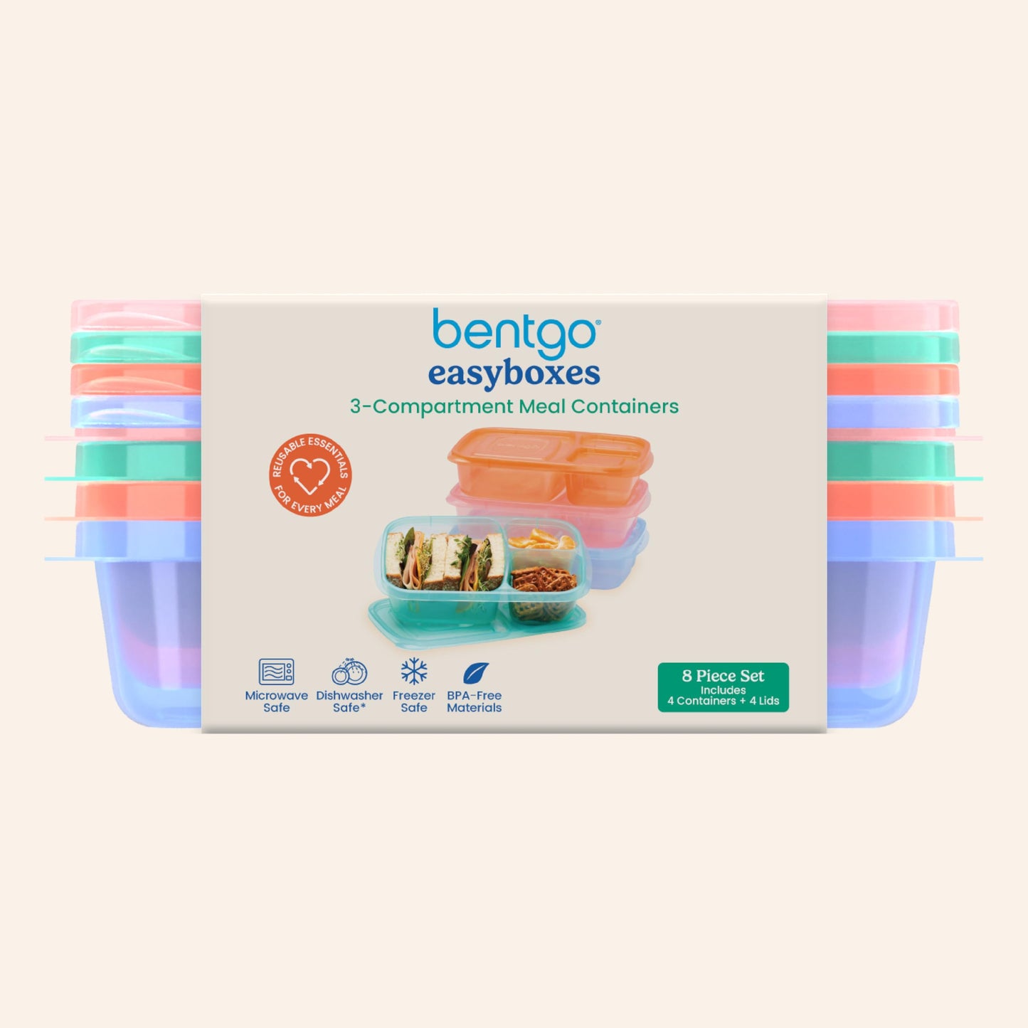 Bentgo Easyboxes Stackable 3-Compartment Bento Lunch Boxes, Set of 4